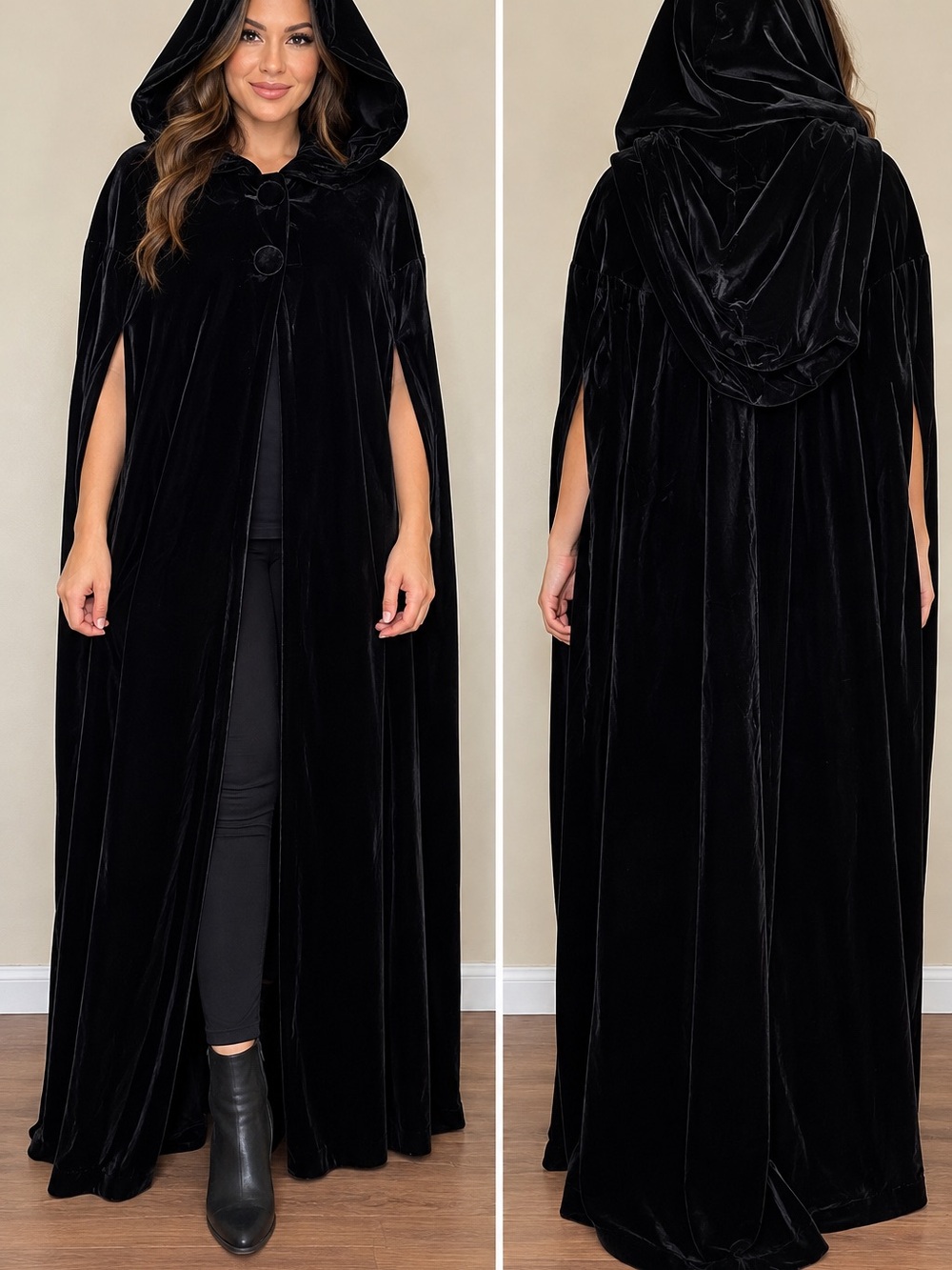 Vintage 1980s/90s Black Velvet Hooded Cape Cloak Gothic Whimsigoth Full Length